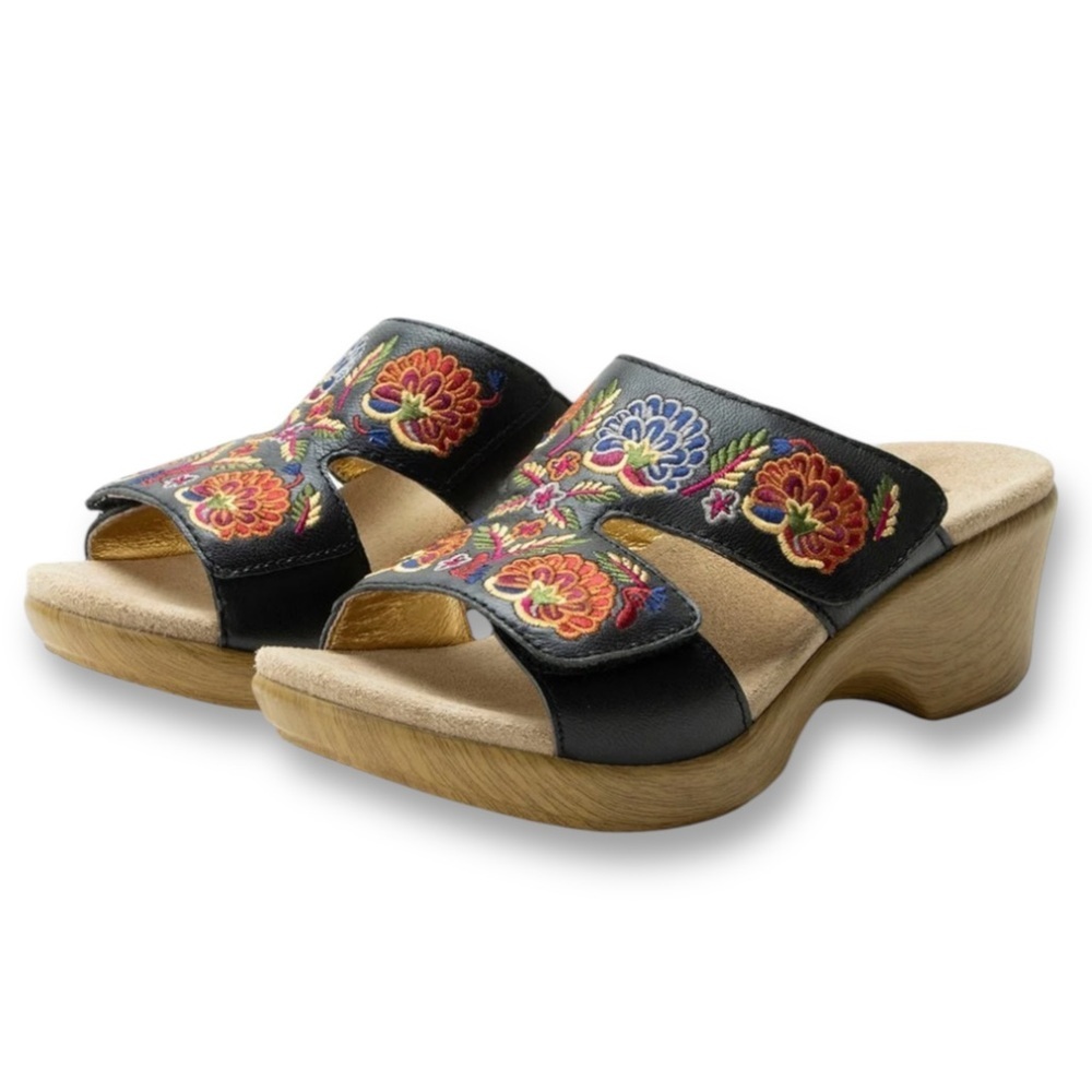 Alegria Lin Black Leather Colorful Floral Embroidered Slip On Sandals Size 39